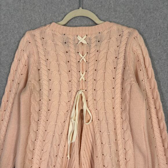 One The Land Sweater Medium Pink Cable Lace Up Back Flowy Feminine Twee Coquette - Picture 9 of 13